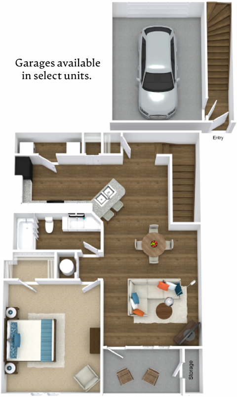 Floor plan for 1 bed, 1 bath, 963 sqft